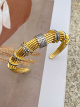 Parure Jonc & Bague Dorée – Manchette Bambou Zircons
